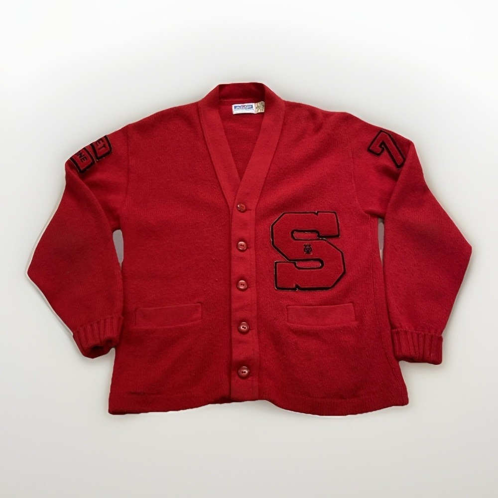 Vintage Varsity Cardigan Mens M Red Knit Acrylic AMF Sweater 80s 70s